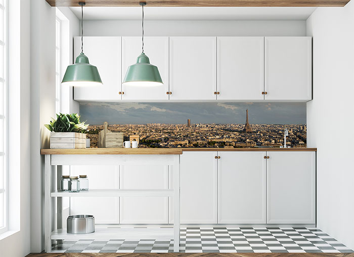 Fototapeta między szafkami kuchennymi - panorama miasta Paryż