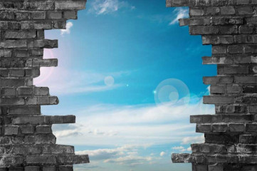 Fototapety  Fototapeta 3d dziura w murze z widokiem na niebo