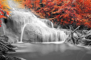 Fotografia czarno-biała z akcentem - Wodospad jesienią