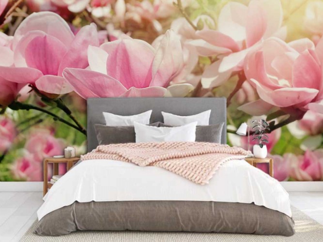 Fototapeta do sypialni różowe magnolie. Wiosenna dekoracja 