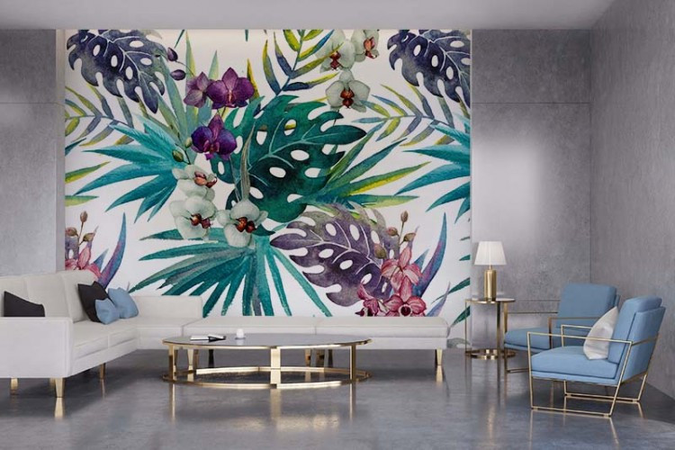 Fototapeta do salonu ze wzorem kwiatów egzotycznych - akwarela
