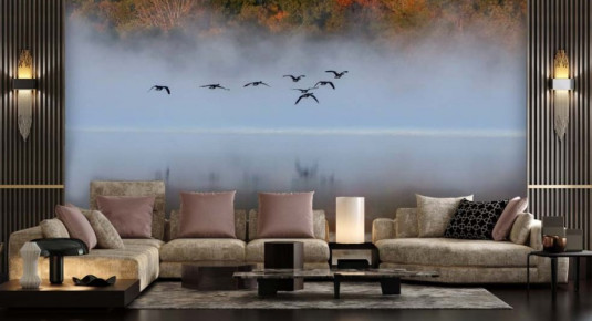 Fototapeta jezioro, ptaki, krajobraz spowity mgłą