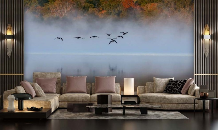 Fototapeta jezioro, ptaki, krajobraz spowity mgłą