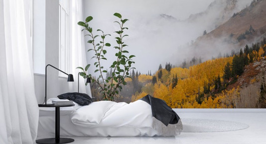 Fototapeta - pejzaż górski z jesiennym lasem we mgle