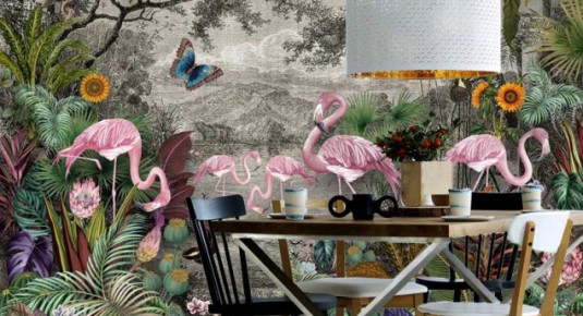 Fototapeta malowany las palmy i egzotyczne ptaki