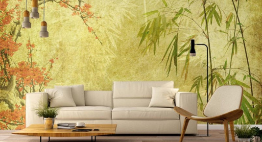 Fototapeta w stylu japońskim do salonu - Bambus i kwitnące drzewo