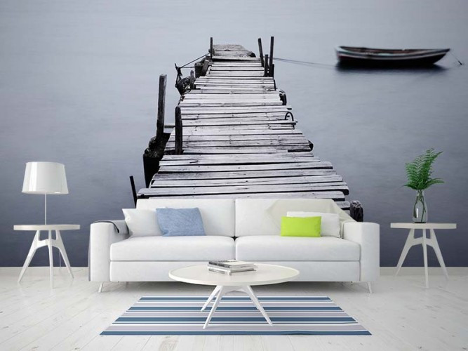 Fototapeta do salonu w stylu minimalistycznym - spokojne jezioro, molo, łódka