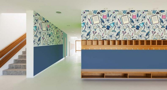 Fototapeta do szkolnego korytarza - wzór z przyborami szkolnymi i edukacyjnymi