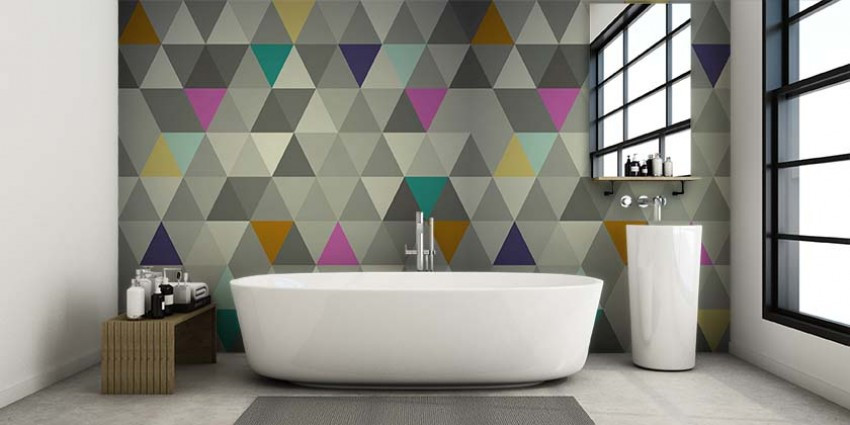 Fototapeta do łazienki - geometryczny wzór w odcieniach szarości z dodatkiem turkusu, różu i żółci