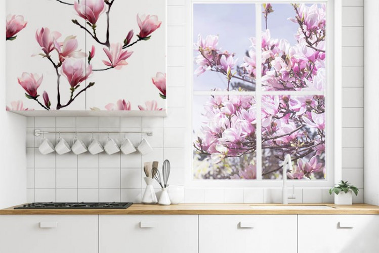 Naklejka na szybę w oknie kuchennym - Kwitnąca magnolia