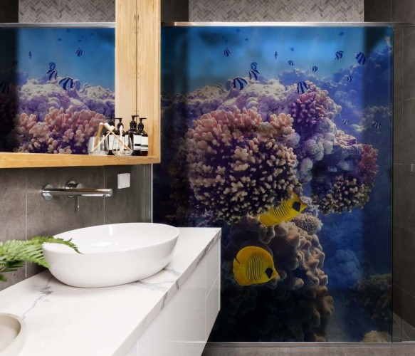 Naklejka na kabinę prysznicową - Rafa koralowa z żółtymi rybkami
