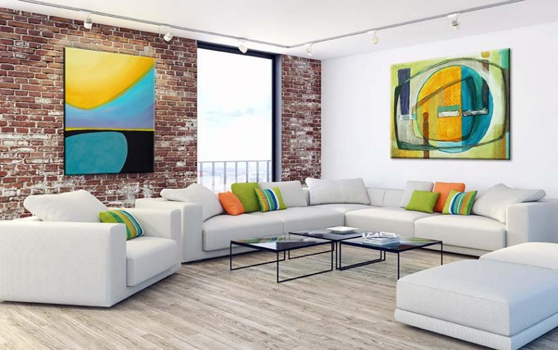 Obraz na płótnie do salonu - kompozycja abstrakcyjna w błękitach i żółciach