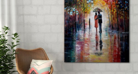Obraz na płótnie - zakochani pod parasolem, malarstwo