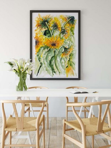 Obraz na płótnie w ramie do jadalni- Słoneczniki jak malowane