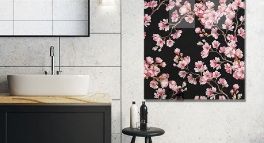 Obraz na szkle do łazienki - Kwiaty wiśni na czarnym tle