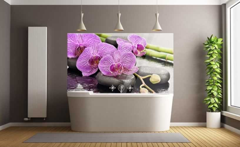 Panel szklany do łazienki z motywem fioletowej orchidei