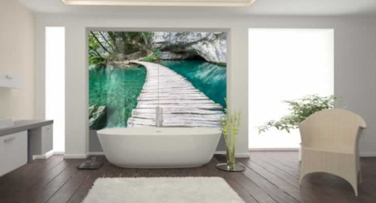 Panel szklany do łazienki z motywem mostu