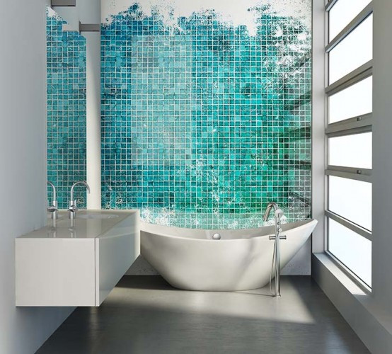 Panel szklany do łazienki w stylu minimalistycznym - turkusowa mozaika