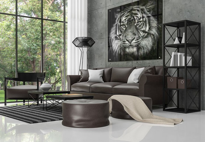 Panel szklany do salony - fotografia czarno-biała z tygrysem