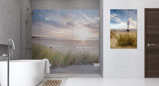 Panel szklany do łazienki - zachód słońca nad morzem