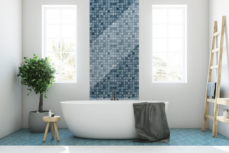 Panel szklany z motywem niebieskiej mozaiki do łazienki