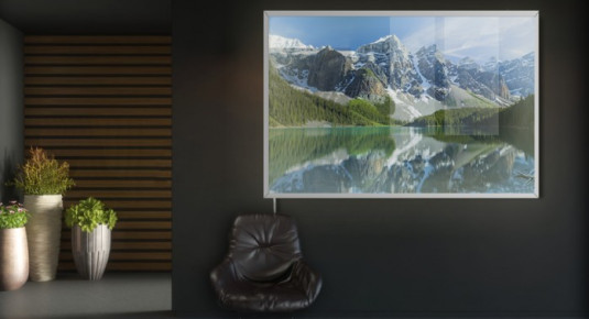 Panel szklany podświetlany LED do biura - Pejzaż z górami