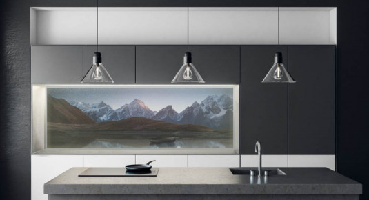 Panel szklany podświetlany LED do kuchni - Nocny krajobraz, góry i  jezioro