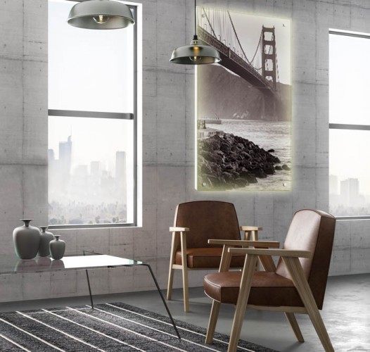 Panel podświetlany LED na dystansach, do salonu w stylu loftu - Most Golden Gate