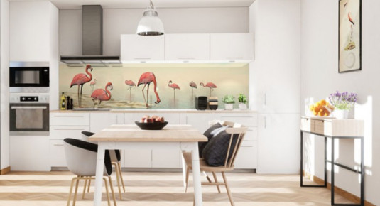 Panel szklany w stylu eko do kuchni - Flamingi