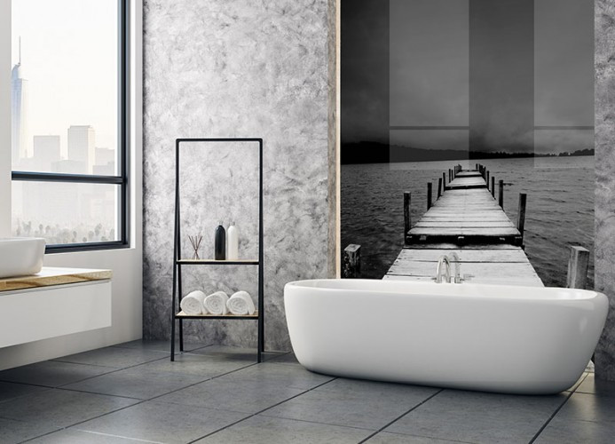 Panel szklany do łazienki z motywem molo w czerni i bieli