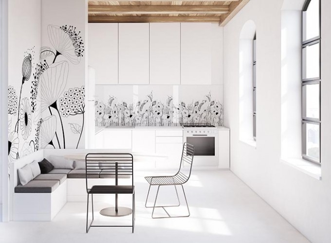 Panel szklany z łąką do kuchni w stylu minimalistycznym
