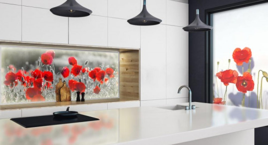 Panel szklany podświetlany LED do kuchni - Czerwone maki