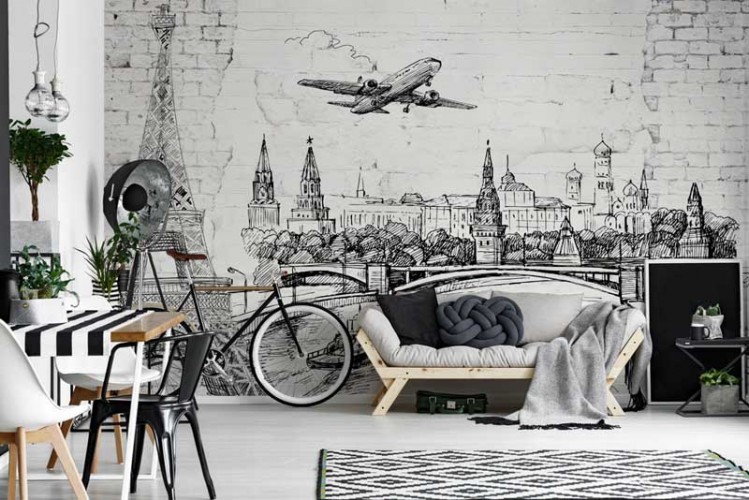 Paryż, samolot, grafika na murze