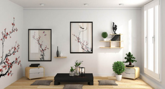 Plakat w stylu japońskim - kwitnące drzewo i ptak