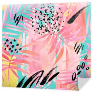 Akwarela różowy kolorowy liść palmowy i malowanie elementów graficznych.