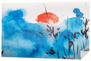 Japoński malarstwo z błękitnym niebem, gałęzie i słońce na białym