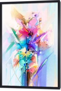 Abstrakcyjny kolorowy obraz olejny, akrylowy wiosenny kwiat. Ręcznie malowane pociągnięcia pędzlem na płótnie. Ilustracja obraz olejny kwiatowy na tle. Nowoczesne obrazy artystyczne kwiaty z żółtym, czerwonym kolorem.