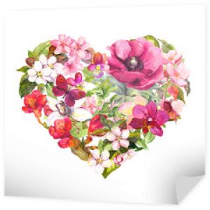 Kwiatowe serce z kwiatami, motyl. Akwarela na Walentynki lub wesele