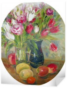 owalna martwa natura z tulipanami i owocami, obraz olejny