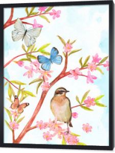 sprytny ptak siedzący na gałęzi wiosennego stylizowanego drzewa z różowymi kwiatami i liśćmi. kartkę z życzeniami z kwitnącymi dzikimi migdałami i motylami. Malarstwo akwarelowe