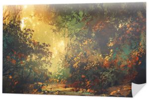 piękna sceneria kolorowego lasu z drzewami i kwiatami wiosną o zachodzie słońca, malarstwo ilustracyjne