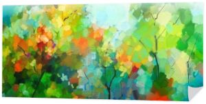 Streszczenie krajobraz kolorowy obraz olejny na płótnie. Semi streszczenie drzewa w lesie. Zielone i czerwone liście z błękitnego nieba.