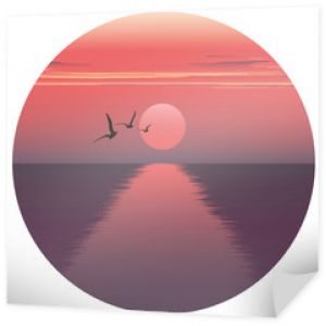 Vector horizontal illustration of sunset over the sea and ship. beautiful sunrise at the sea. the ship embarks on a journey. Sea birds.