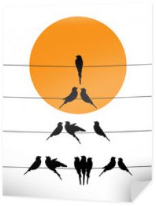 Birds silhouettes on wire on sunset, vector. Wall decals, wall artwork. Scandinavian minimalist art design. Poster design isolated on white background. 
