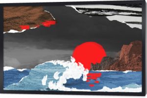 Surreal contemporary collage composition made of torn pieces of retro paper and photos. Seascape with foaming water, mountains and bright red sunset. Cut out fragments hand made painted.