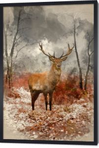 Akwarela obraz jelenia jelenia w mglistej mgle jesienny krajobraz lasu o świcie