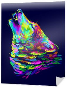 Wilk wyje. Abstrakcyjny, kolorowy, neonowy portret głowy wilka na granatowym tle w stylu pop-art.