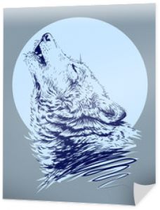 Wilk wyjący do księżyca. Szkicowy, graficzny portret głowy wilka na niebieskim tle.