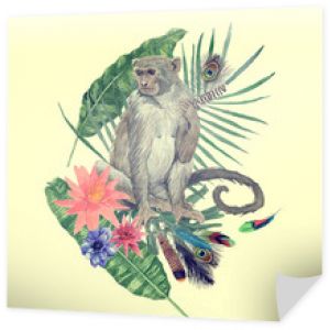 Akwarela ilustracja z małpą, liśćmi, kwiatami, piórami.