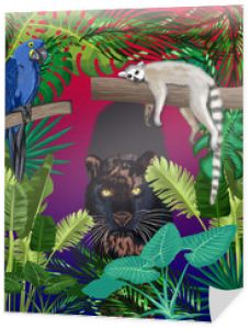 Noc w dzikiej dżungli z czarną panterą, niebieską papugą, czerwoną papugą ara i śpiącym lemurem wśród zielonej roślinności i egzotycznych, tropikalnych liści i palm z pnączami